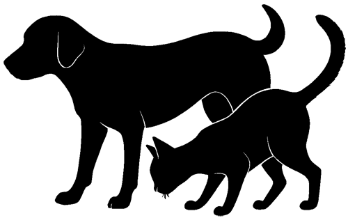 Silhouette of dog and cat with tails in the air